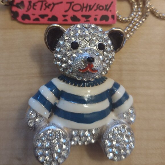 BETSEY JOHNSON TEDDY BEAR PIN NECKLACE BLUE SWEATER - Picture 1 of 5